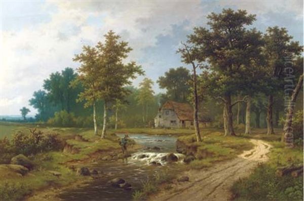 Fishing In A Forest Stream Oil Painting by Hendrik Pieter Koekkoek