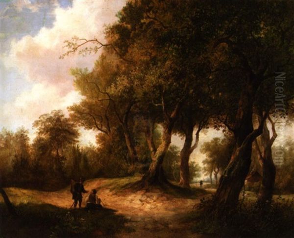 Forest Landscape With Travellers Oil Painting by Hendrik Pieter Koekkoek