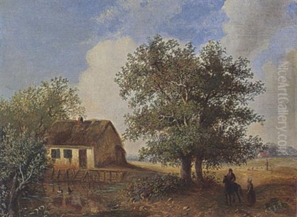 Travellers In A Landscape Oil Painting by Hendrik Pieter Koekkoek