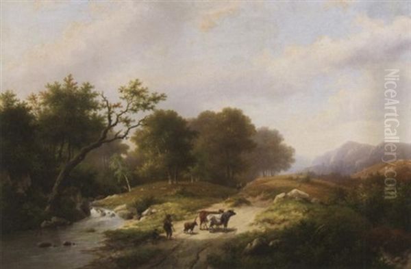 Heimtrieb. Bauern Mit Ihrem Vieh An Einer Furt Oil Painting by Hendrik Pieter Koekkoek