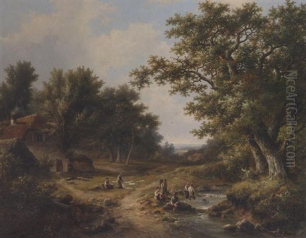 A Summer Landscape With Figures Netting At A Stream Oil Painting by Hendrik Pieter Koekkoek