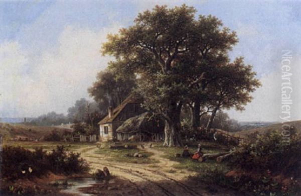 Travellers In A Landscape Oil Painting by Hendrik Pieter Koekkoek