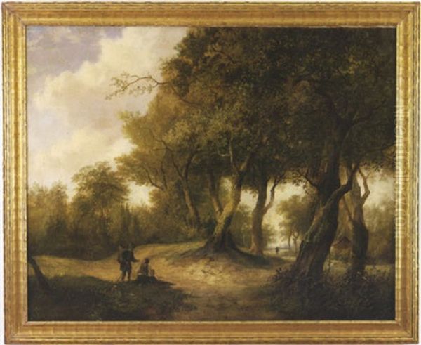 Forest Landscape Depicting Two Men On A Central Road In The Foreground And A House And Figure In The Background Oil Painting by Hendrik Pieter Koekkoek