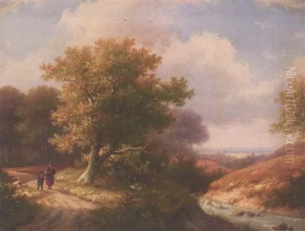 Expansive Landscape With Figures Oil Painting by Hendrik Pieter Koekkoek