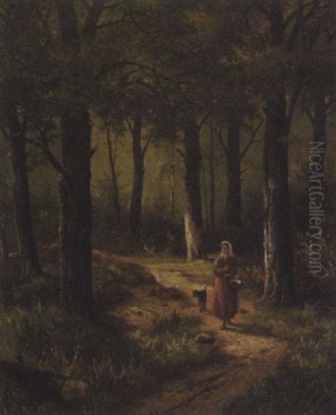 Junge Bauerin Auf Dem Waldweg Oil Painting by Hendrik Pieter Koekkoek