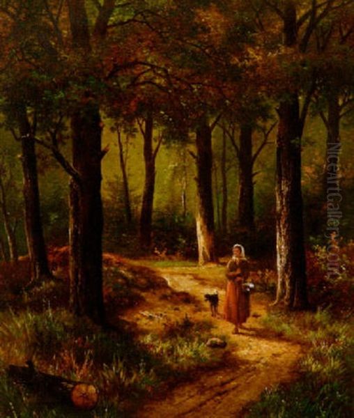 Junge Frau Mit Ihrem Hund Auf Einem Waldweg Oil Painting by Hendrik Pieter Koekkoek