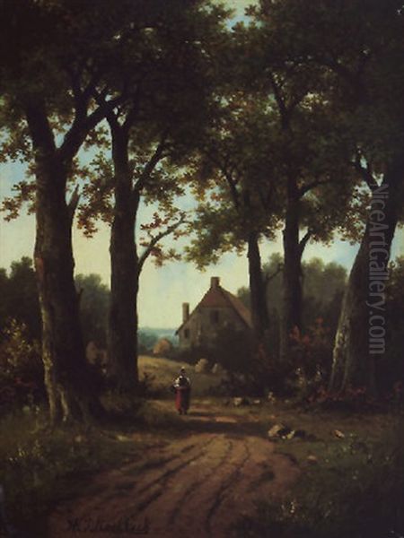 Een Bosachtig Landweg Oil Painting by Hendrik Pieter Koekkoek