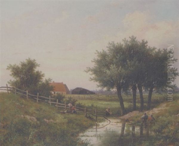 Landscape With Figures Netting A Stream Oil Painting by Hendrik Pieter Koekkoek