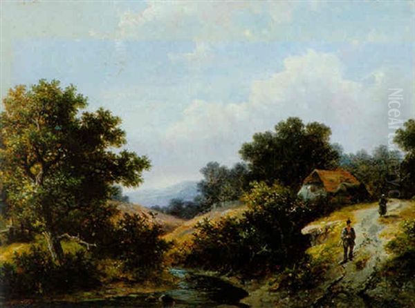 Travellers By A Stream In A Hilly Landscape Oil Painting by Hendrik Pieter Koekkoek