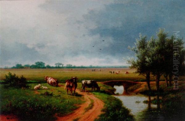 Cattle In A River Landscape Oil Painting by Hendrik Pieter Koekkoek