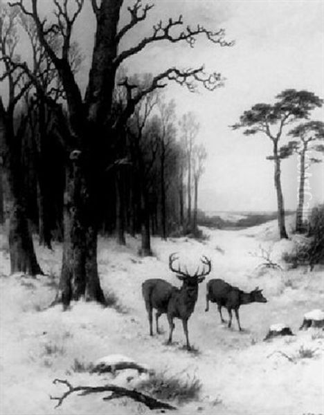 A Red Deer And A Doe On The Edge Of A Wintry Forest Oil Painting by Hendrik Pieter Koekkoek