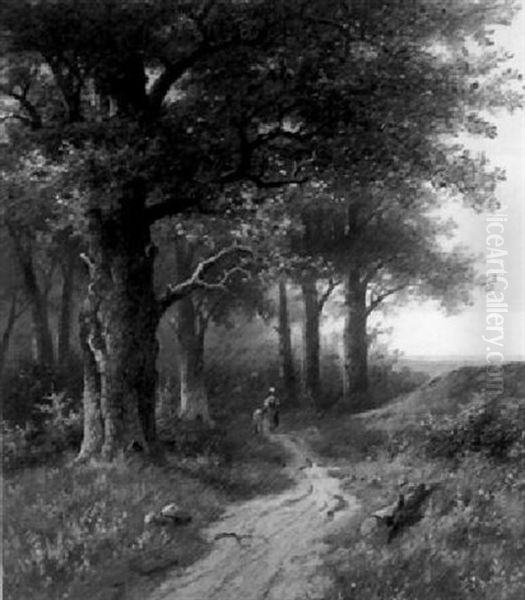 Mother And Child On A Forestpath Oil Painting by Hendrik Pieter Koekkoek