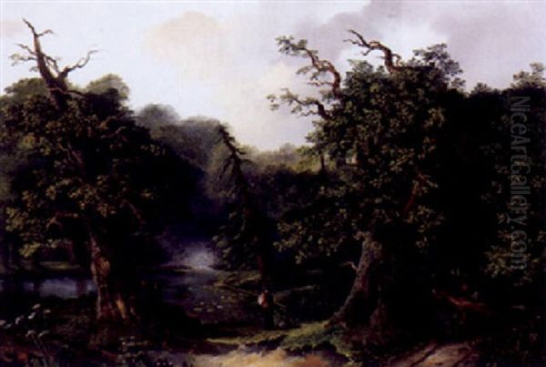 Sommerliche Waldlandschaft Mit Holzleserin Und Angler An Einem Seerosenteich Oil Painting by Hendrik Pieter Koekkoek