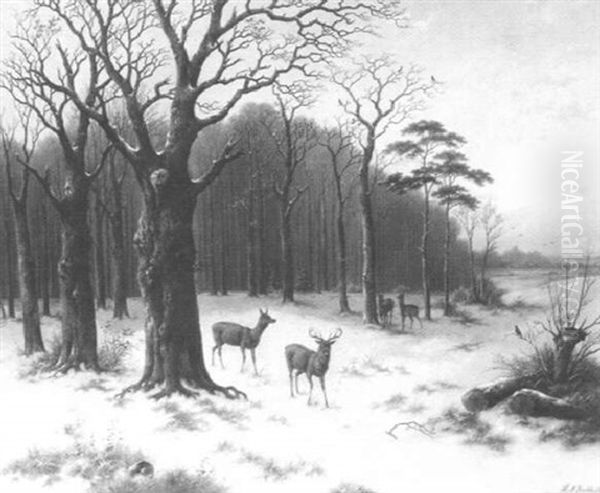 Verschneiter Winterwald Mit Hirschen Oil Painting by Hendrik Pieter Koekkoek