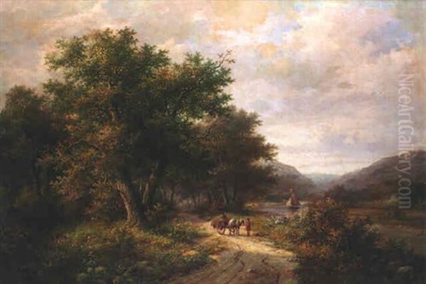 River Landscape With Figures Conversing On A Track Oil Painting by Hendrik Pieter Koekkoek