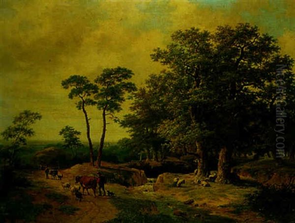 Farmers And Shepherds In A Forest Oil Painting by Hendrik Pieter Koekkoek