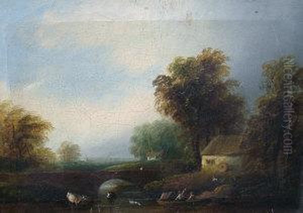 Mid 19th Century- Figures In A Boat On A River By A Bridge With A Cottage And Woodland Oil Painting by A. Beattie