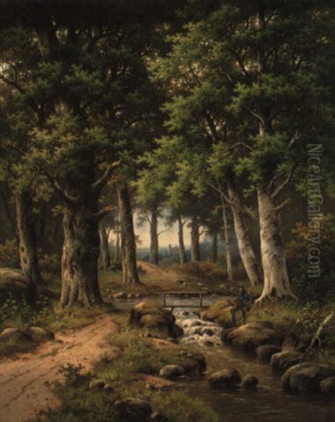 Angler Am Waldbach Oil Painting by Hendrik Pieter Koekkoek