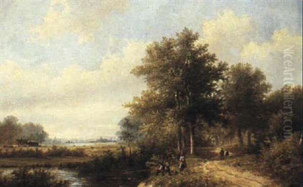 Anglers In A Summer Landscape Oil Painting by Hendrik Pieter Koekkoek