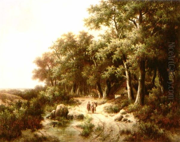 Woodland Travelleres Oil Painting by Hendrik Pieter Koekkoek