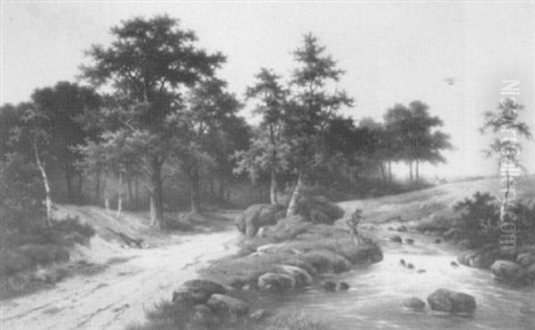 A Wooded River Landscape With An Angler On A Bank Oil Painting by Hendrik Pieter Koekkoek