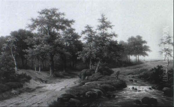 An Angler By A Stream In A Wooded Landscape Oil Painting by Hendrik Pieter Koekkoek