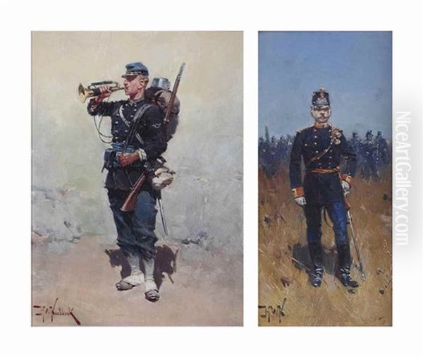 An Infanterist; And A Grenadier Oil Painting by Hermanus Willem Koekkoek