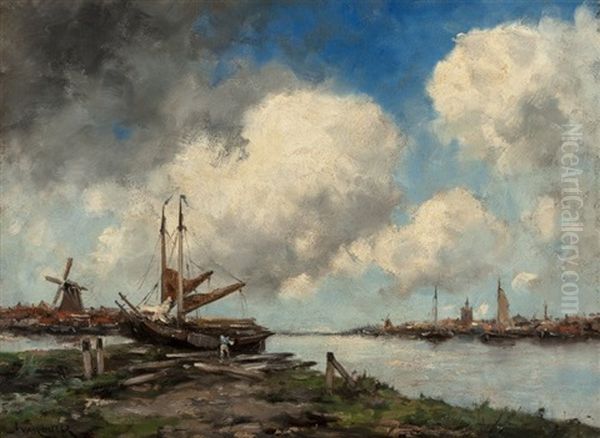 Dutch Harbor Oil Painting by Hermanus Willem Koekkoek