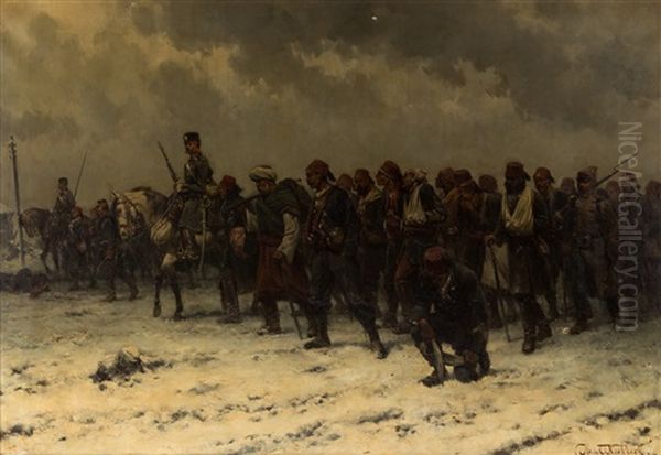 Russian Cavalry And Infantry Escorting Ottoman Prisoners Oil Painting by Hermanus Willem Koekkoek