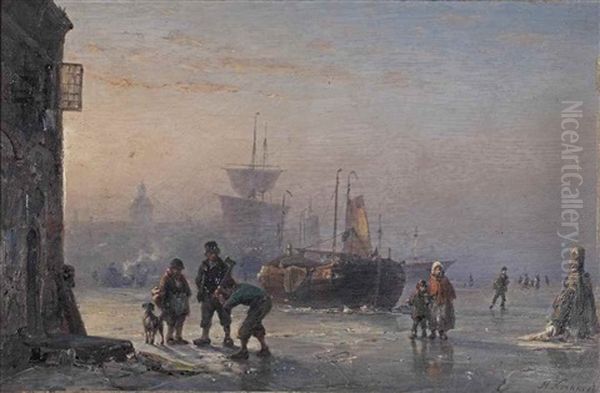 Activities On A Busy Winter's Day On The Ice Oil Painting by Hermanus Willem Koekkoek