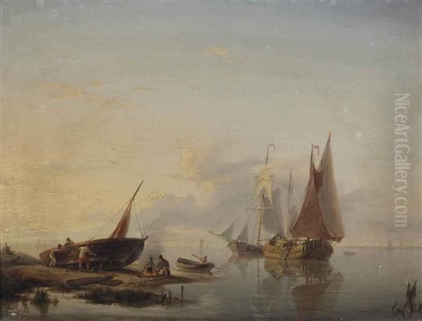 Activities On A Calm River In Summer Oil Painting by Hermanus Willem Koekkoek