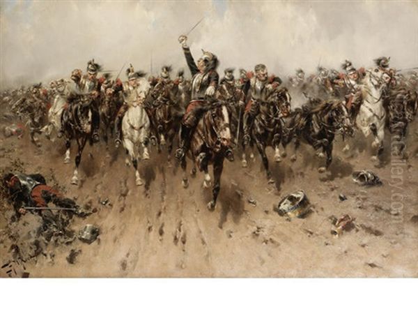 French Cavalry Charging Oil Painting by Hermanus Willem Koekkoek