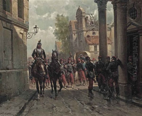 French Infantery Entering A Town Oil Painting by Hermanus Willem Koekkoek