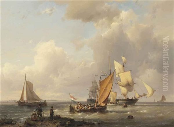 Dutch Flatboats, A Brigantine And A Barque On The Zuiderzee Oil Painting by Hermanus Willem Koekkoek