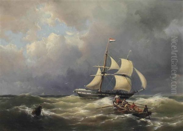 A Schooner In A Choppy Sea Oil Painting by Hermanus Willem Koekkoek