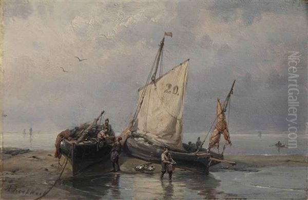 Unloading The Catch Oil Painting by Hermanus Willem Koekkoek