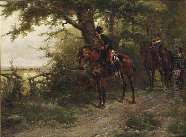 11th (prince Albert's Own) Hussars Scouting On A Forest Path Oil Painting by Hermanus Willem Koekkoek