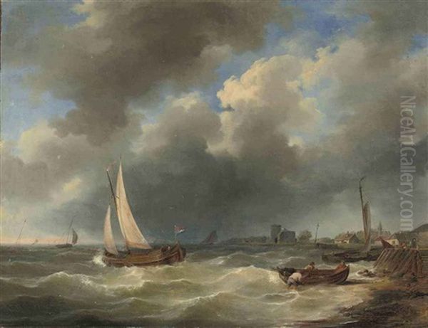 Sailing Vessels In A Stiff Breeze Oil Painting by Hermanus Willem Koekkoek