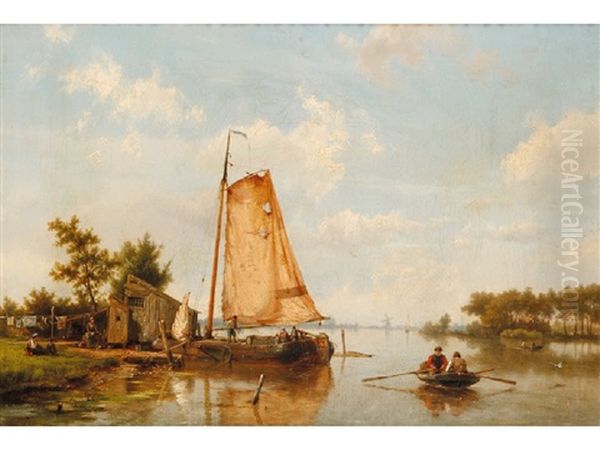 A River Landscape With Figures Beside A Boathouse Oil Painting by Hermanus Willem Koekkoek