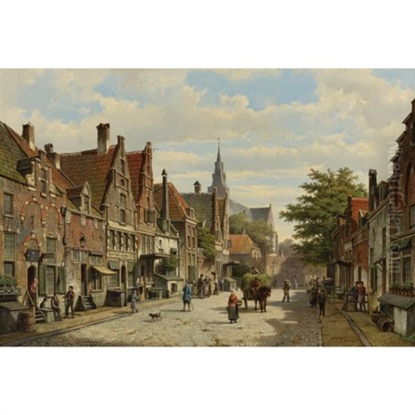 Figures Conversing In The Streets Of A Dutch Town On A Sunny Day, A Hay-cart Passing By Oil Painting by Hermanus Willem Koekkoek