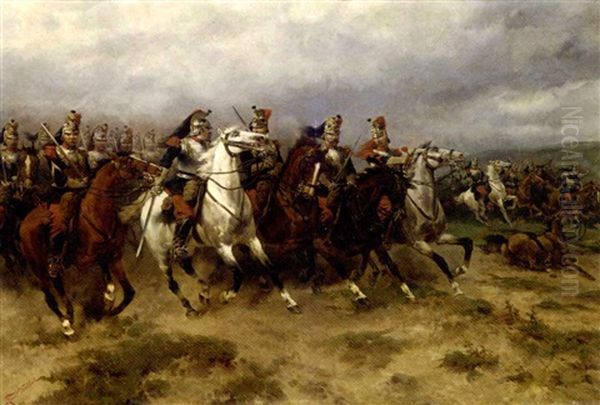 A Courageous Incursion: French Cuirassiers Charging Oil Painting by Hermanus Willem Koekkoek