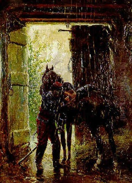 Infantry Man Preparing To Mount His Horse Oil Painting by Hermanus Willem Koekkoek