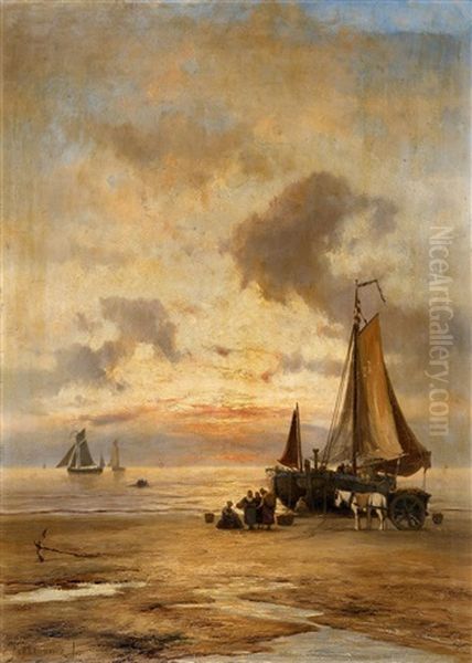 Coastal Landscape At Evening With Fisherwomen And A Cart Oil Painting by Johannes Koekkoek