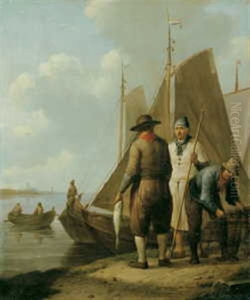 Beim Entladen Des Fischfangs Im Hafen Oil Painting by Johannes Koekkoek