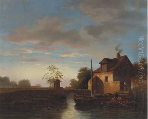 House Along The River At Dusk Oil Painting by Johannes Koekkoek