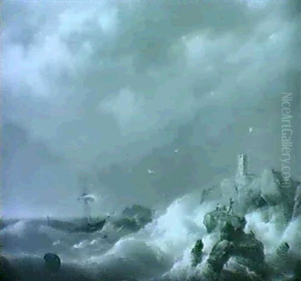 Shipwrecked In A Storm Off A Rocky Coastline Oil Painting by Johannes Koekkoek