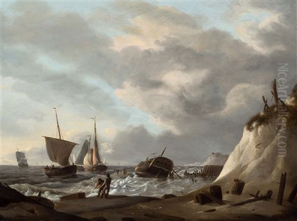 Beach View With Sailors Oil Painting by Johannes Hermanus Koekkoek