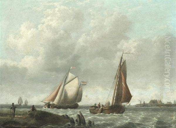 Ships In Coastal Waters Oil Painting by Johannes Hermanus Koekkoek