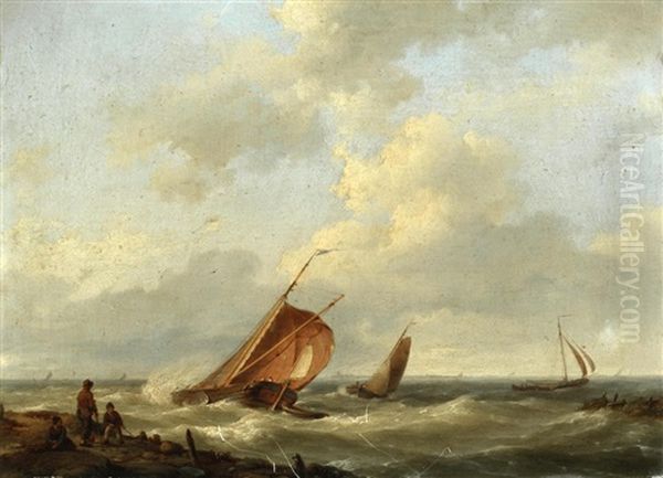 Ships Off A Coast Oil Painting by Johannes Hermanus Koekkoek