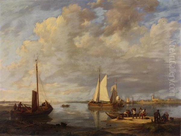 The Mouth Of A Dutch River, With Sailing Barges & Figures Oil Painting by Johannes Hermanus Koekkoek